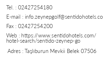 Sentido Zeynep Golf & Spa iletiim bilgileri
